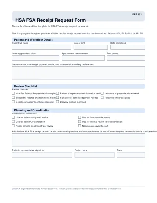 DPT 852 fillable PDF first-page preview of HSA FSA Receipt Request Form