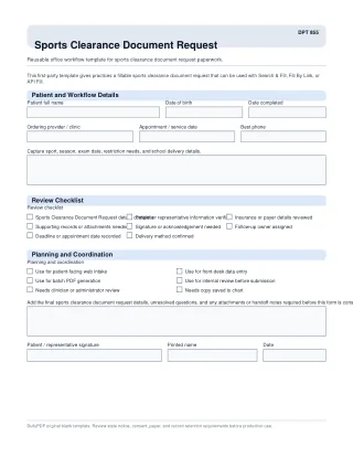 DPT 855 fillable PDF first-page preview of Sports Clearance Document Request