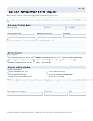 DPT 858 fillable PDF first-page preview of College Immunization Form Request