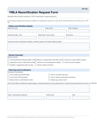 DPT 862 fillable PDF first-page preview of FMLA Recertification Request Form