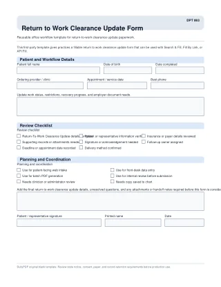 DPT 863 fillable PDF first-page preview of Return to Work Clearance Update Form