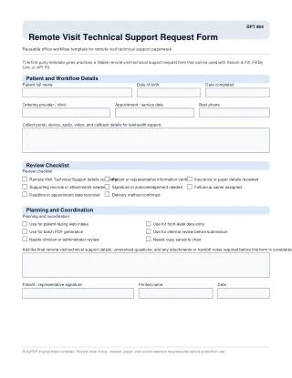 DPT 864 fillable PDF first-page preview of Remote Visit Technical Support Request Form