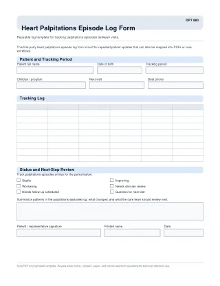DPT 880 fillable PDF first-page preview of Heart Palpitations Episode Log Form