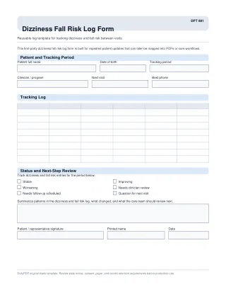 DPT 881 fillable PDF first-page preview of Dizziness Fall Risk Log Form