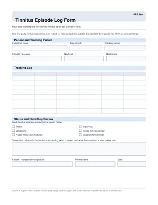 DPT 890 fillable PDF first-page preview of Tinnitus Episode Log Form
