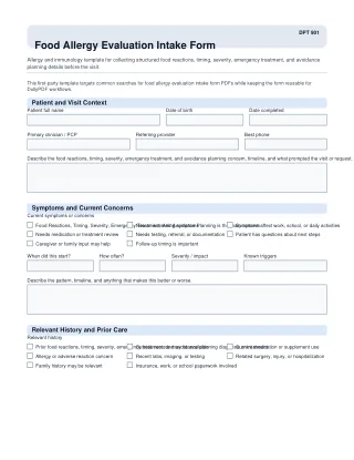 DPT 901 fillable PDF first-page preview of Food Allergy Evaluation Intake Form