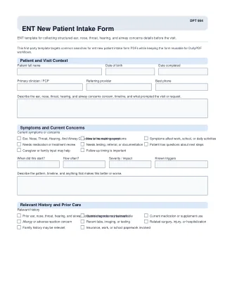 DPT 904 fillable PDF first-page preview of ENT New Patient Intake Form