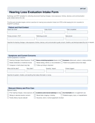 DPT 907 fillable PDF first-page preview of Hearing Loss Evaluation Intake Form