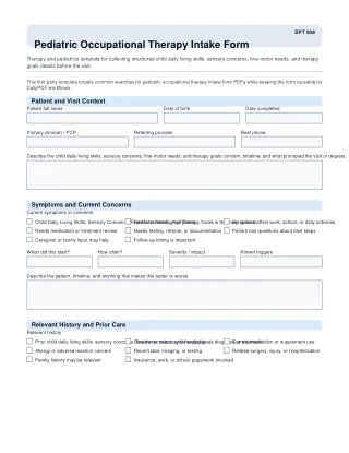DPT 908 fillable PDF first-page preview of Pediatric Occupational Therapy Intake Form