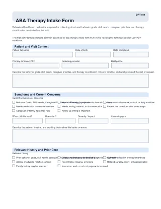 DPT 911 fillable PDF first-page preview of ABA Therapy Intake Form
