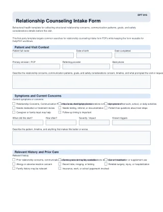 DPT 916 fillable PDF first-page preview of Relationship Counseling Intake Form