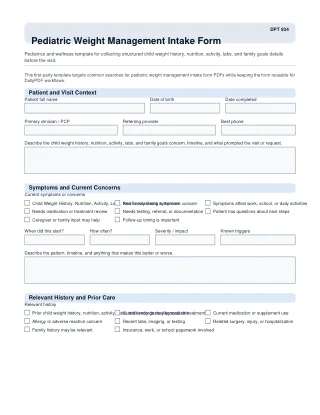 DPT 934 fillable PDF first-page preview of Pediatric Weight Management Intake Form