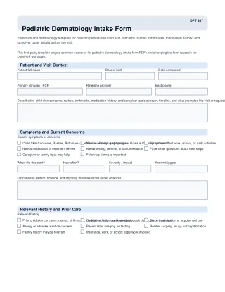 DPT 937 fillable PDF first-page preview of Pediatric Dermatology Intake Form