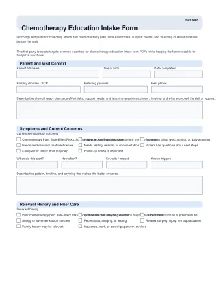 DPT 942 fillable PDF first-page preview of Chemotherapy Education Intake Form