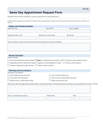 DPT 944 fillable PDF first-page preview of Same Day Appointment Request Form