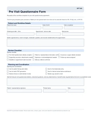 DPT 945 fillable PDF first-page preview of Pre Visit Questionnaire Form