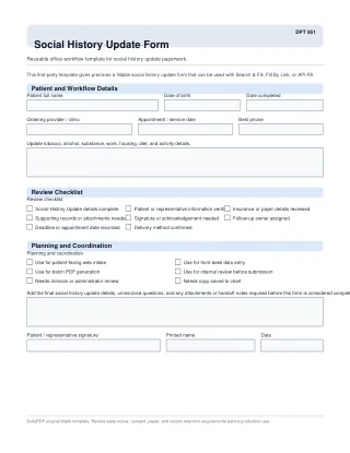 DPT 951 fillable PDF first-page preview of Social History Update Form