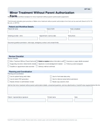 DPT 952 fillable PDF first-page preview of Minor Treatment Without Parent Authorization Form