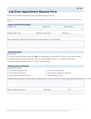 DPT 957 fillable PDF first-page preview of Lab Draw Appointment Request Form