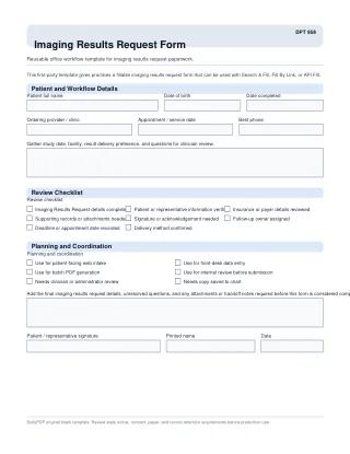 DPT 958 fillable PDF first-page preview of Imaging Results Request Form