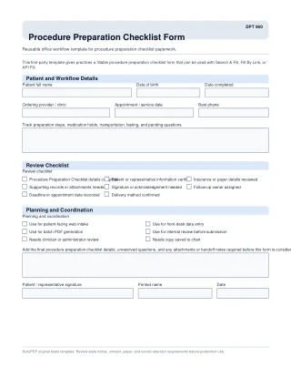 DPT 960 fillable PDF first-page preview of Procedure Preparation Checklist Form