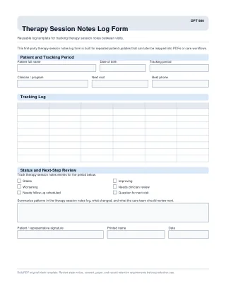 DPT 980 fillable PDF first-page preview of Therapy Session Notes Log Form