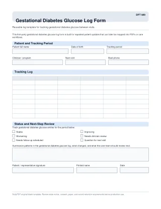 DPT 989 fillable PDF first-page preview of Gestational Diabetes Glucose Log Form