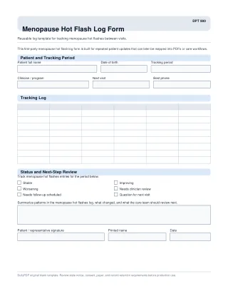 DPT 990 fillable PDF first-page preview of Menopause Hot Flash Log Form