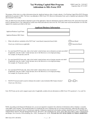 SBA Form 2534-7A fillable PDF first-page preview of 7(a) Working Capital Pilot Program Addendum to SBA Form 1919