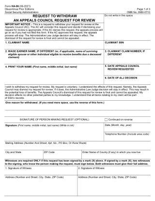 HA-86 fillable PDF first-page preview of Request to Withdraw an Appeals Council Request for Review