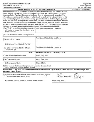 SSA-10 fillable PDF first-page preview of Application for Widow's or Widower's Insurance Benefits