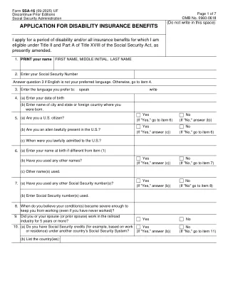 SSA-16 fillable PDF first-page preview of Application for Disability Insurance Benefits