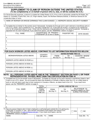 SSA-21 fillable PDF first-page preview of Supplement to Claim of Person Outside the United States