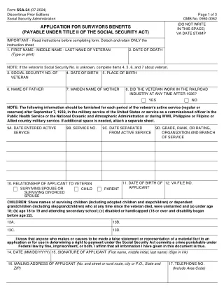 SSA-24 fillable PDF first-page preview of Application for Survivors Benefits (Payable Under Title II of the Social Security Act)