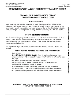 SSA-3380-BK fillable PDF first-page preview of Function Report - Adult - Third Party Form
