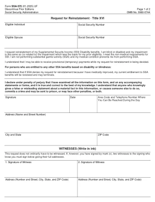 SSA-372 fillable PDF first-page preview of Request For Reinstatement - Title XVI