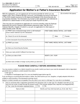 SSA-5-BK fillable PDF first-page preview of Application For Mother's Or Father's Insurance Benefits