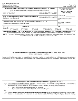 SSA-789 fillable PDF first-page preview of Request for Reconsideration - Disability Cessation