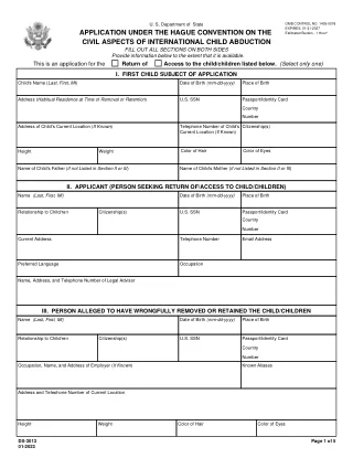 DS-3013 fillable PDF first-page preview of Application Under the Hague Convention on the Civil Aspects of International Child Abduction