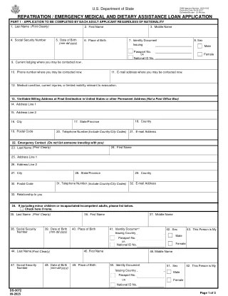 DS-3072 fillable PDF first-page preview of Repatriation/Emergency Medical and Dietary Assistance Loan Application