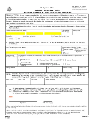 DS-3077 fillable PDF first-page preview of Request for Entry into Children's Passport Issuance Alert Program
