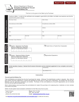 MO-149T fillable PDF first-page preview of Missouri - Exemption Certificate for Tire and Lead-Acid Battery Fee