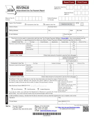 MO-2038 fillable PDF first-page preview of Missouri - Nonprotested Use Tax Payment Report Use Form 53-C or 53-V to file your use tax return.