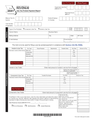 MO-2041 fillable PDF first-page preview of Missouri - Use Tax Protest Payment Report Use Form 53-C or 53-V to file your use tax return.
