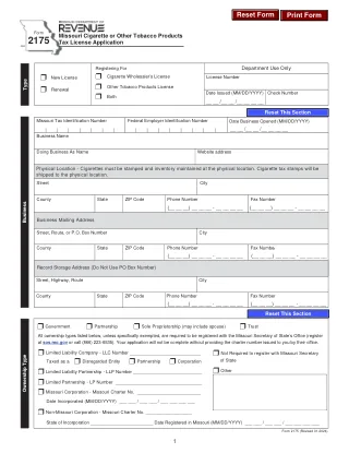 MO-2175 fillable PDF first-page preview of Missouri Cigarette or Other Tobacco Products Tax License Application