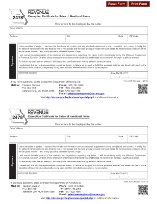 MO-2478 fillable PDF first-page preview of Missouri - Exemption Certificate for Sales of Handicraft Items