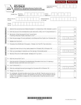 MO-4354 fillable PDF first-page preview of Missouri - Worksheet for Calculating Business Facility Credit, Enterprise Zone Modifications and Enterprise Zone Credit