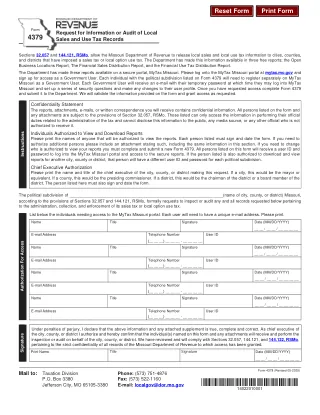 MO-4379 fillable PDF first-page preview of Missouri - Request For Information or Audit of Local Sales and Use Tax Records