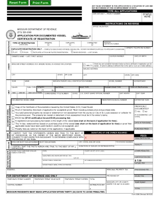 MO-4398 fillable PDF first-page preview of Missouri - Application for Documented Vessel Certificate of Registration