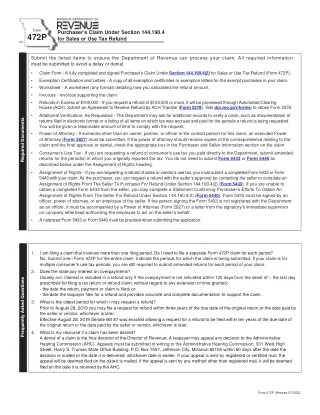 MO-472P fillable PDF first-page preview of Missouri - Purchaser's Claim Under Section 144.190.4(2) for Sales or Use Tax Refund